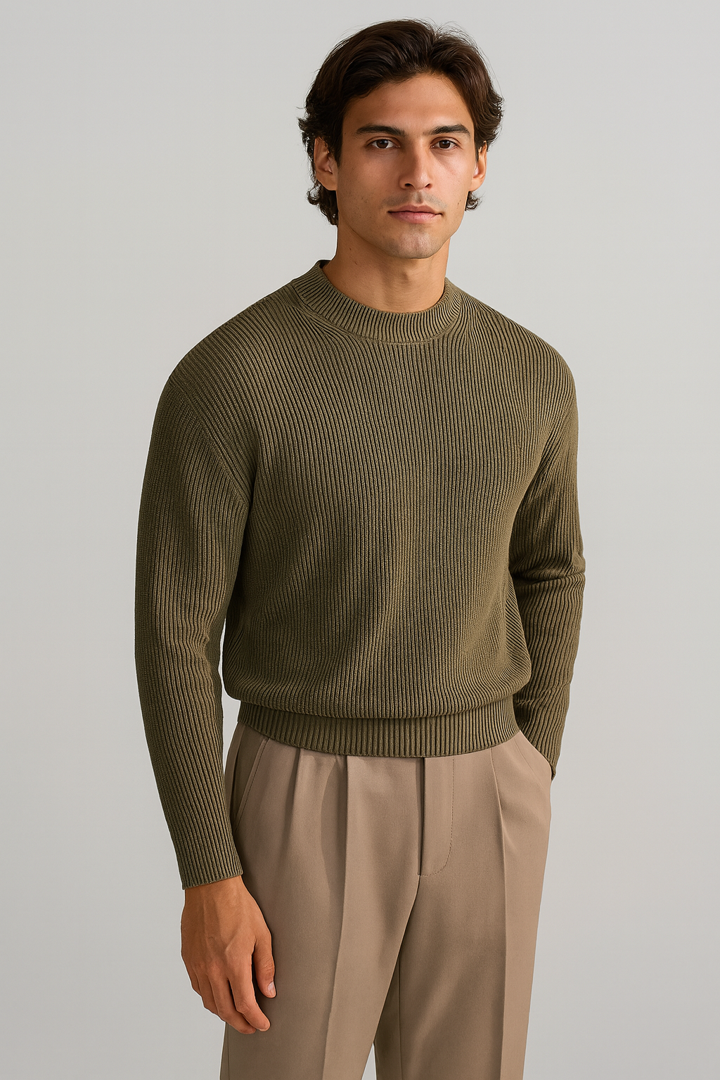 Men’s Olive Ribbed Crew Neck Jumper – Classic Long Sleeve Pullover