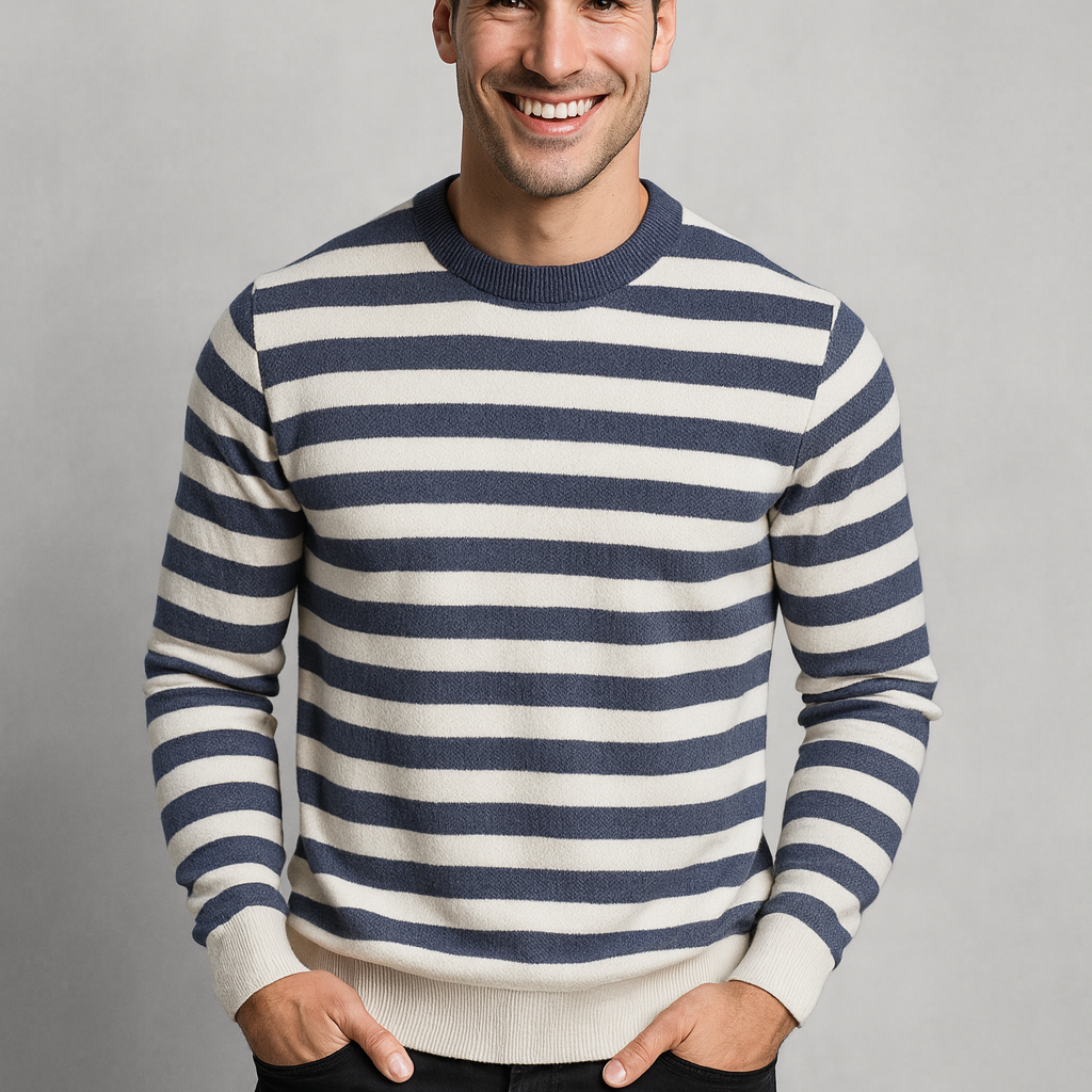 Men’s Mariner Stripe Sweater – Classic Crew Neck Long Sleeve Pullover