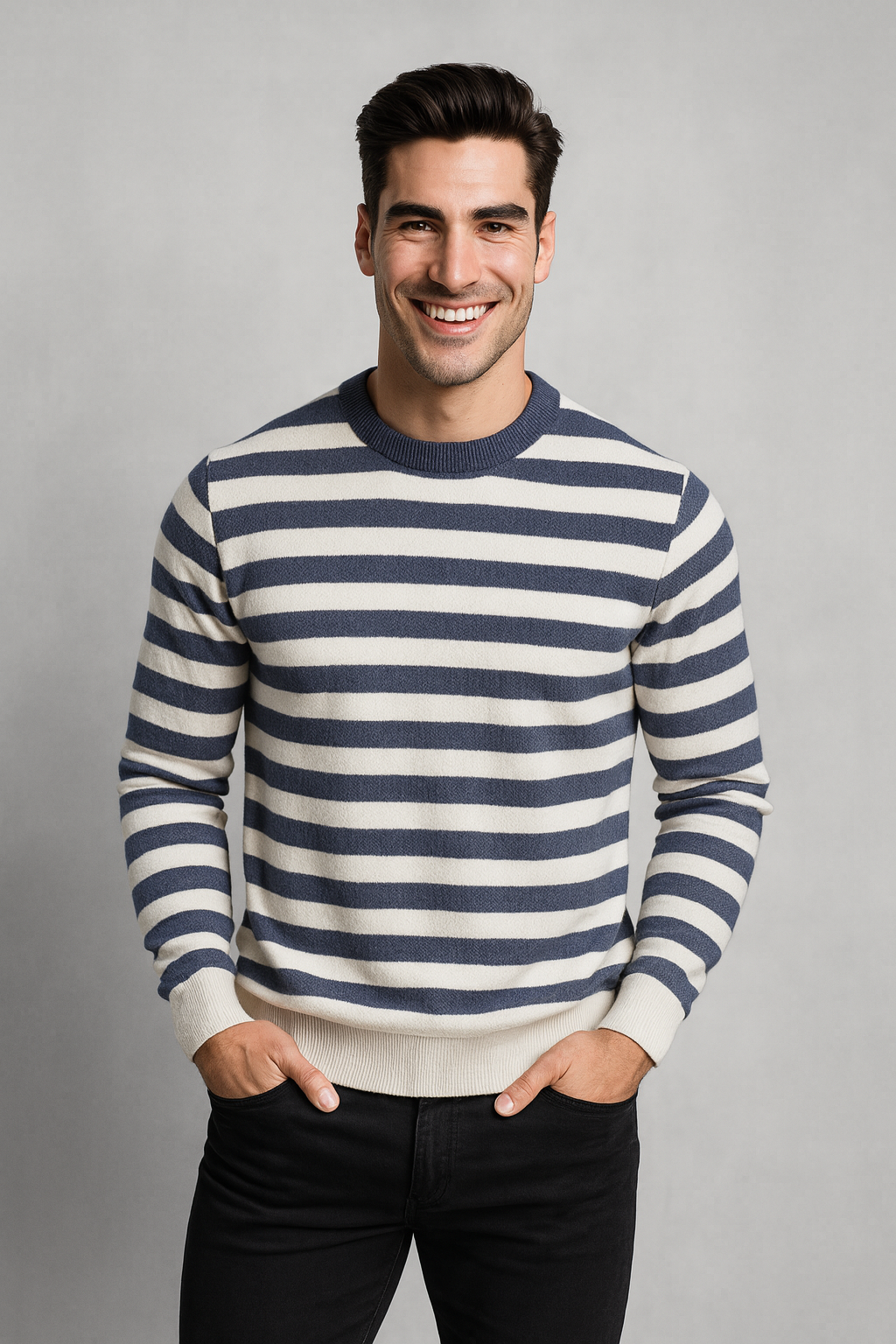 Men’s Mariner Stripe Sweater – Classic Crew Neck Long Sleeve Pullover